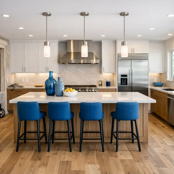 Spacious Los Angeles kitchen mid-remodel featuring modern cabinets, stone countertops, and new lighting for quality kitchen remodeling.