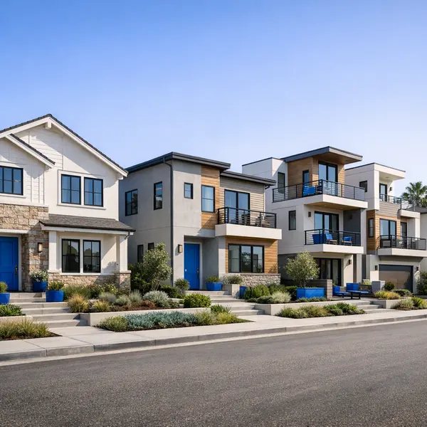 Contemporary new construction homes and townhomes in Los Angeles under bright sunlight showing quality finishes.