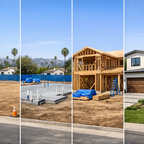 Step-by-step visual of a New Construction project in Winnetka, from empty lot to finished home exterior.