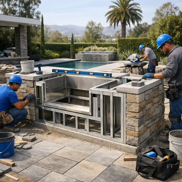 Expertly constructed outdoor kitchen BBQ & fire pit island showing framing, masonry, and quality craftsmanship by Alvapareen Construction.