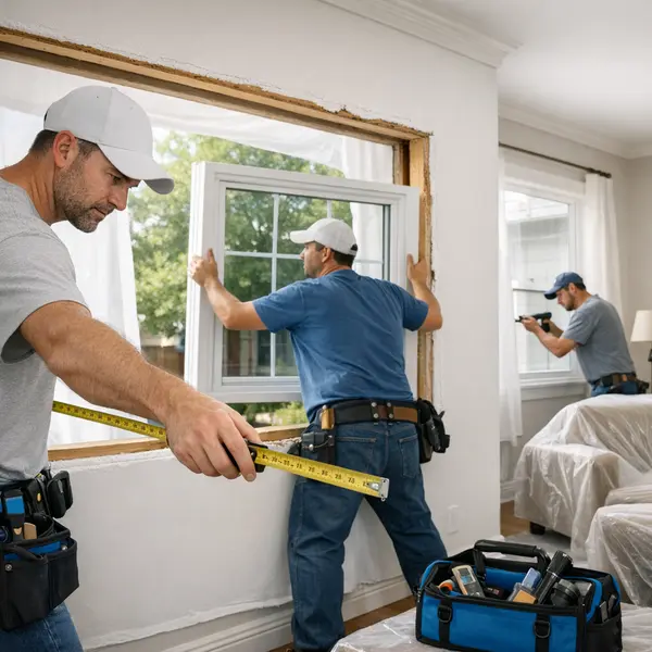 Skilled team performing window & door replacement on a residential home, measuring, installing, and finishing trim with care.