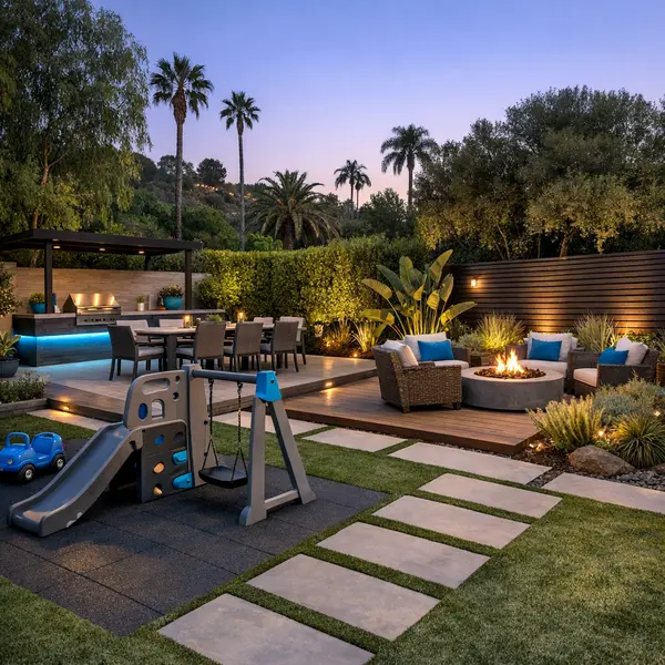 Multifunctional backyard in Sherman Oaks featuring zones for play, dining, and relaxation in a seamless backyard transformation.