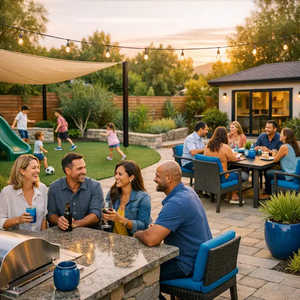Backyard transformations in Tarzana featuring families and friends enjoying an inviting outdoor space with gathering zones.