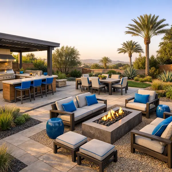 Backyard zone layout with modern Outdoor Kitchen, BBQ & Fire Pit, dining area, and lounging spaces