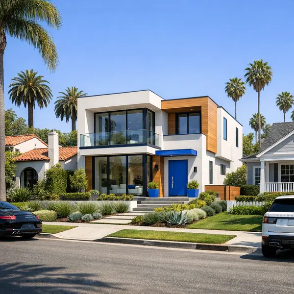 Modern new construction home stands out among classic residences on a sunny Beverly Hills street.