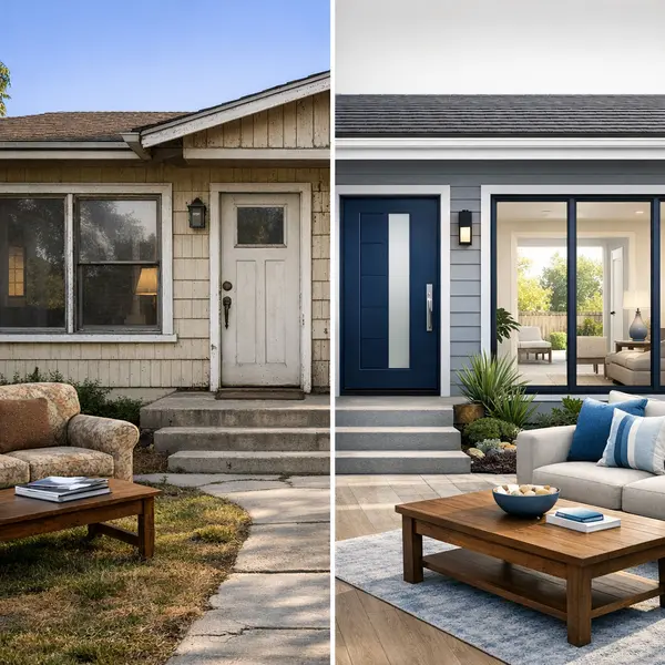 Before and after transformation of a home featuring window & door replacement for improved comfort and style.