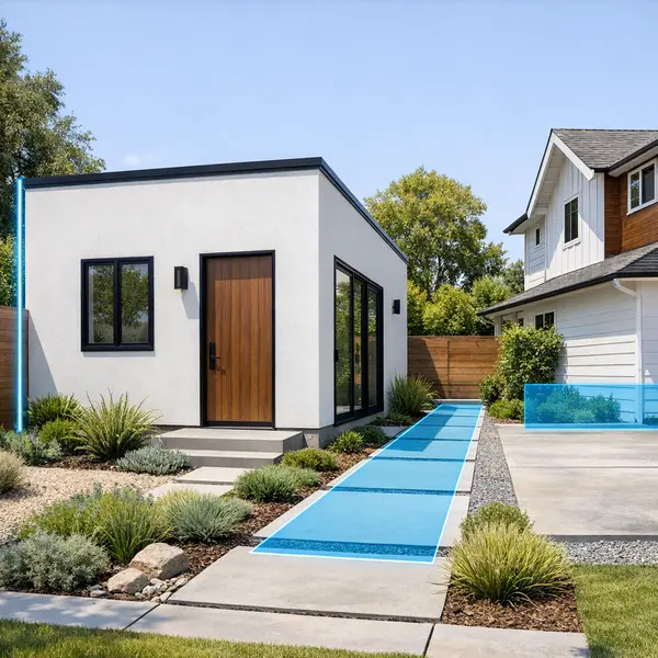 Modern detached ADU with clear separation and compliant walkway, demonstrating ADU requirements on residential property.