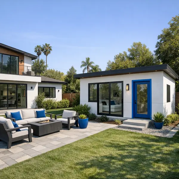 Modern property displaying accessory dwelling units ADU requirements with detached backyard structure and main home.
