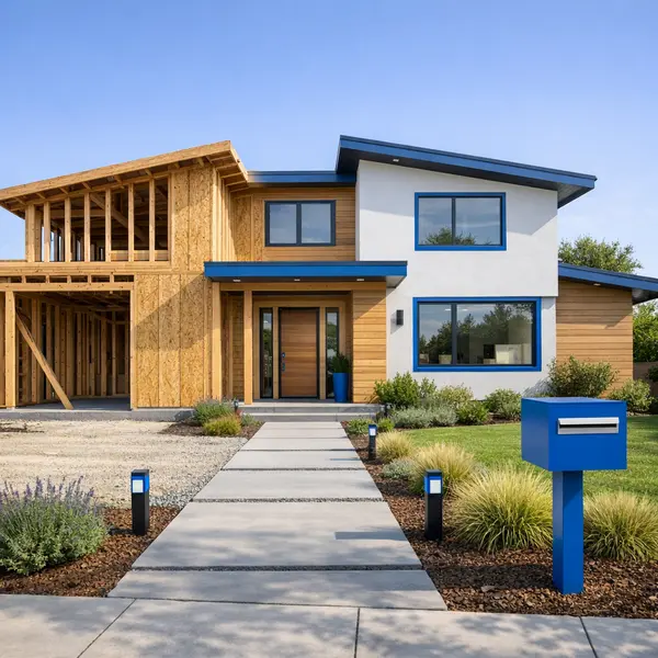 Modern newly built California residence showing both framing and finished exterior, representing new construction homes California.