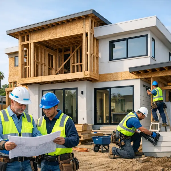 Modern new construction homes California project with framing and builders in branded safety gear on site