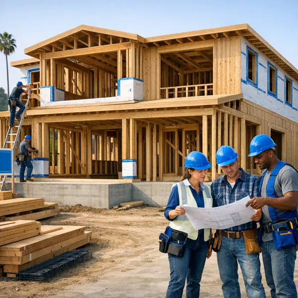 Modern new construction site with custom home framing and team collaboration highlighting quality.
