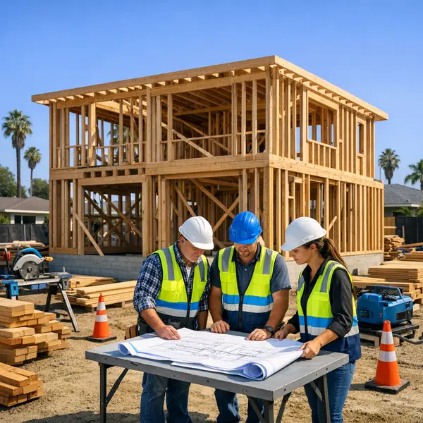 Experienced builders and contractors planning new construction in Los Angeles with a modern home in framing stages.