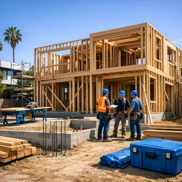 Modern new construction in Los Angeles showing professional framing and site progress for a custom home.