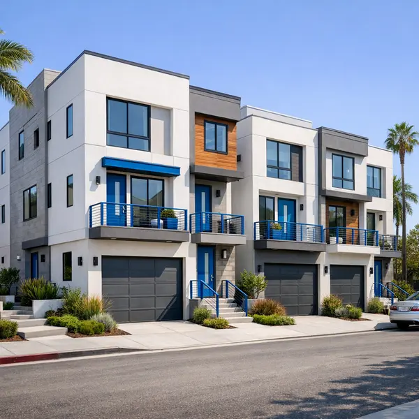 Contemporary row of new construction townhomes Los Angeles featuring private entries, garages, and clean architecture.