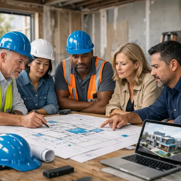 Construction planning meeting with blueprints and digital plans for new construction developments near me