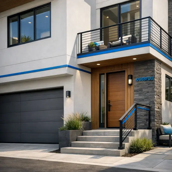 Front exterior of newly built Los Angeles townhome showing modern construction details and clean finishes