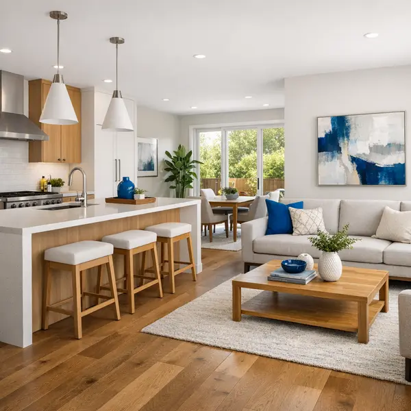 Spacious new construction home interior with modern kitchen and living area, ample daylight, and premium finishes.