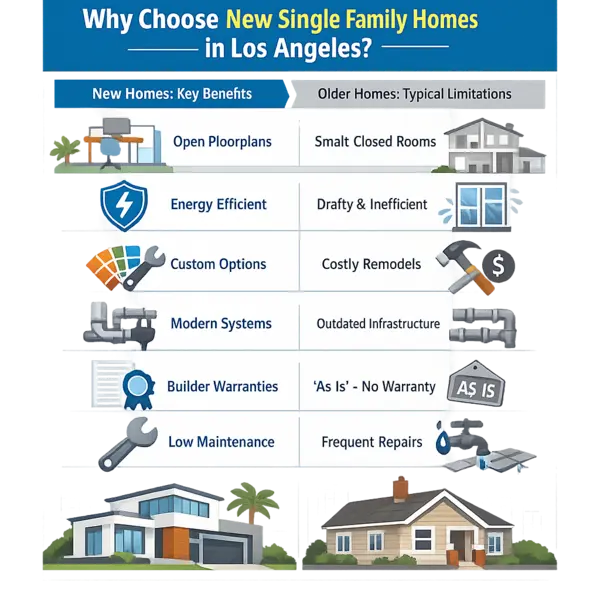 Comparison infographic showing the main benefits of new single family homes Los Angeles including modern layouts, energy efficiency, and updated systems.