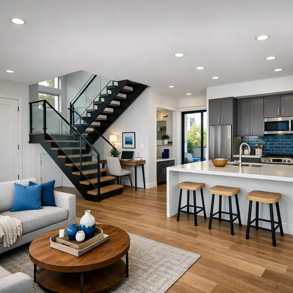 Open living area in a new construction townhome Los Angeles with modern finishes and natural light.