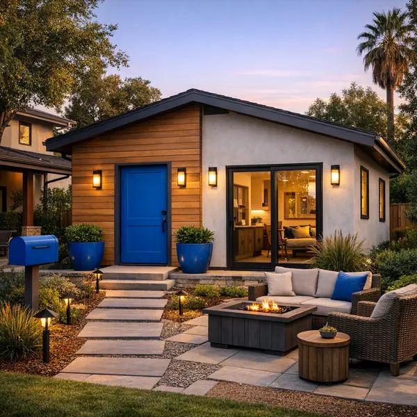 Contemporary ADU exterior designed to meet ADU requirements with private entry and quality details.