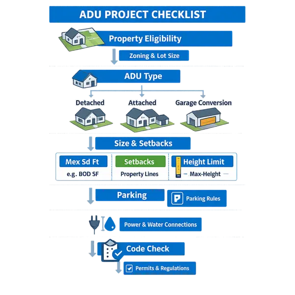 Infographic mapping the ADU requirements including eligibility, size limits, type, setbacks, parking, utilities, and code steps