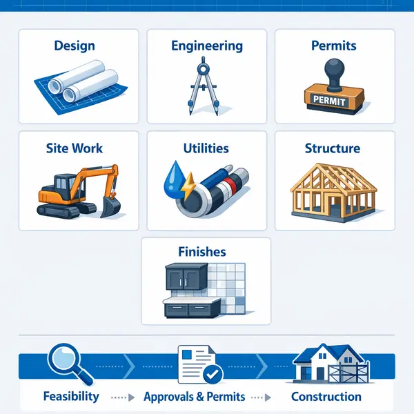 Professional infographic breaking down ADU requirements, budgeting categories, and planning timeline for property owners.