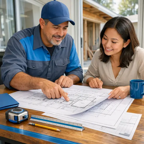 Contractor and property owner collaborate on ADU requirements reviewing blueprints and permit plans at a sunlit planning table.