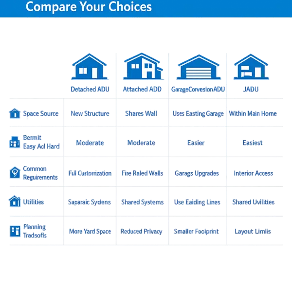 Infographic comparing four ADU requirements types: detached, attached, garage conversion, and JADU including key planning factors