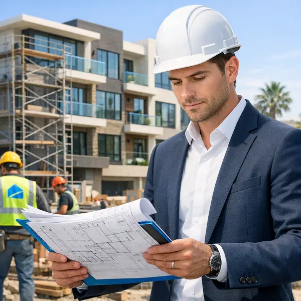 Project manager reviews architectural plans on site for a Multi-Unit construction Project in Sherman Oaks.
