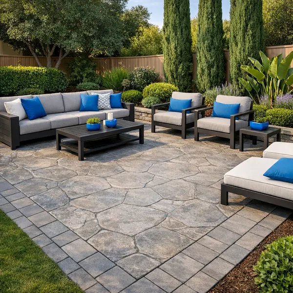 Stamped concrete and pavers upgrade a Sherman Oaks patio with quality outdoor hardscaping and design.