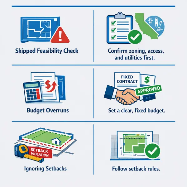 Infographic highlighting common ADU requirements mistakes and recommended fixes for property owners