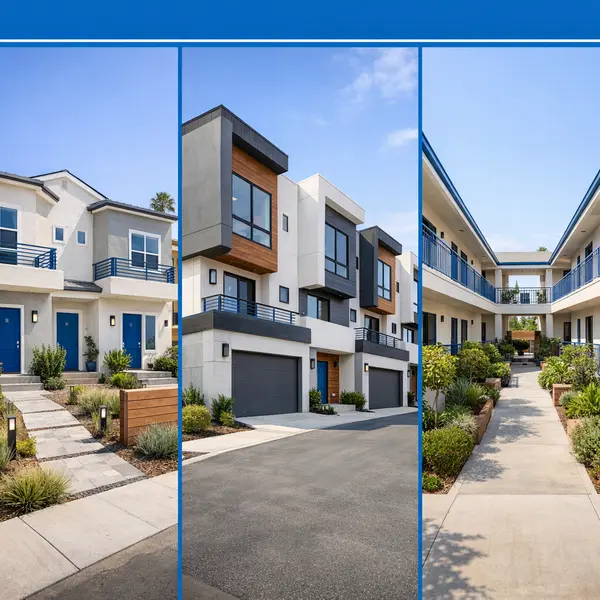 A composite showcasing various completed Multi-Unit construction projects built in Sherman Oaks, including duplexes, townhomes, and courtyard apartments.