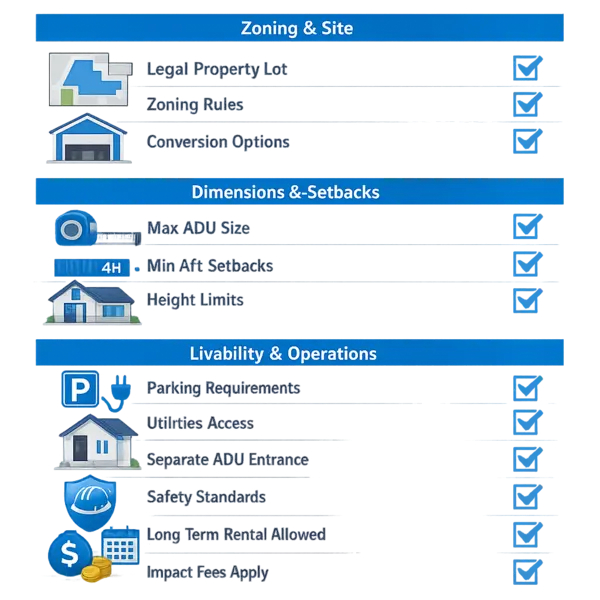 Checklist infographic summarizing ADU requirements categories for homeowners planning a new accessory dwelling unit project