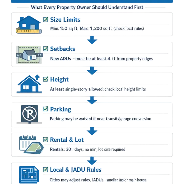 Modern checklist infographic summarizing core ADU requirements, including size limits, setbacks, parking, and JADU rules for property owners