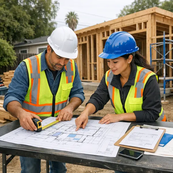 Contractors reviewing ADU requirements during an actual residential construction process with plans and inspections.