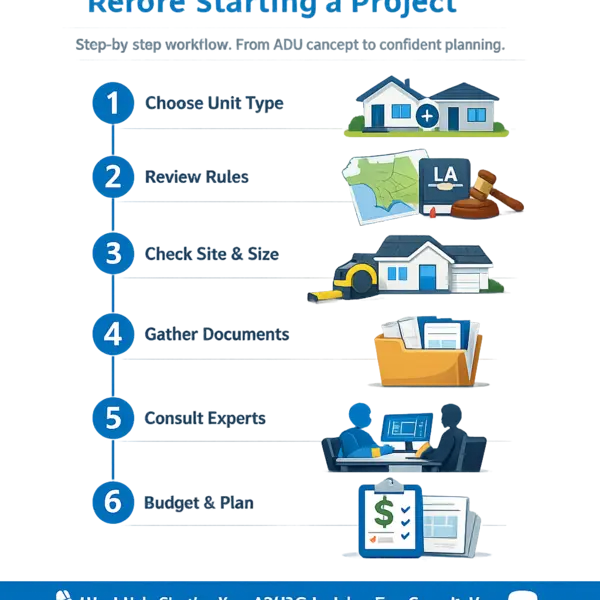 Step-by-step ADU requirements infographic for property owners detailing planning, rule check, and feasibility.