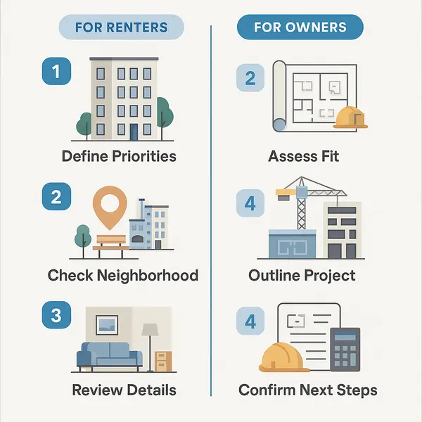 Step-by-step infographic comparing how renters and owners approach new construction apartments Los Angeles decisions