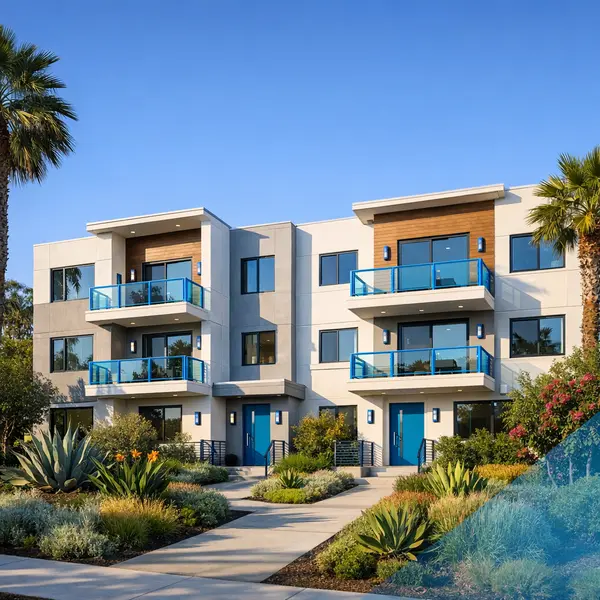 Modern multi-unit construction project building in Sherman Oaks with clean lines and Southern California landscaping.