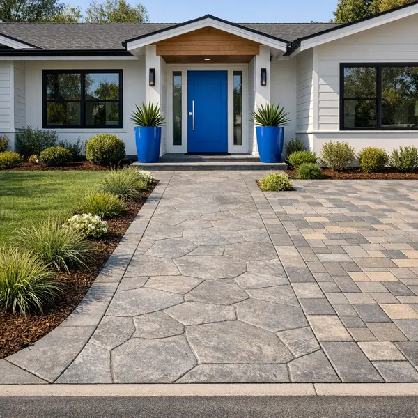 Stamped concrete walkway and paver driveway by Alvapareen Construction for a Sherman Oaks home