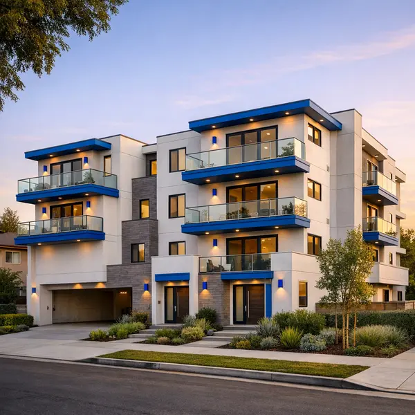 Modern multi-unit construction project completed in Winnetka with landscaped surroundings and secure entryways.