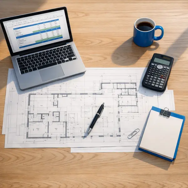 Project manager’s organized desk with plans and budget tools for a Multi-Unit construction Project in Winnetka.