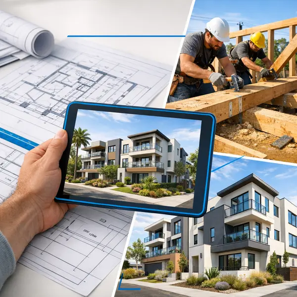 Stages of a Multi-Unit construction Project in Winnetka, from blueprints through finished building.