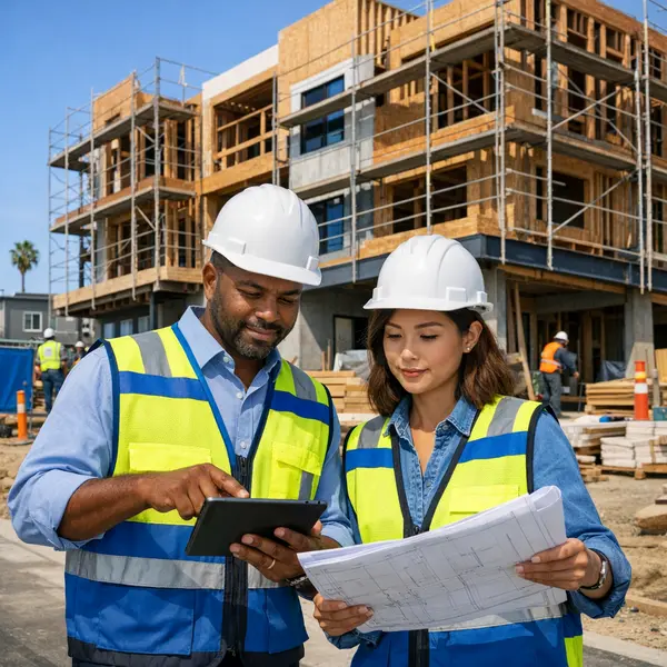 Project managers reviewing plans at a multi-unit construction project site in Winnetka, highlighting organization and teamwork.