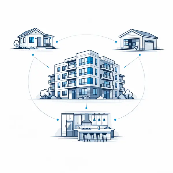 Line art showing multi-unit construction project options in Winnetka, including ADUs and conversions