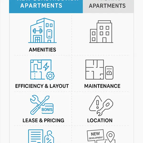 Side-by-side infographic comparing new construction apartments Los Angeles to existing apartments in terms of amenities, efficiency, maintenance, lease, and location.