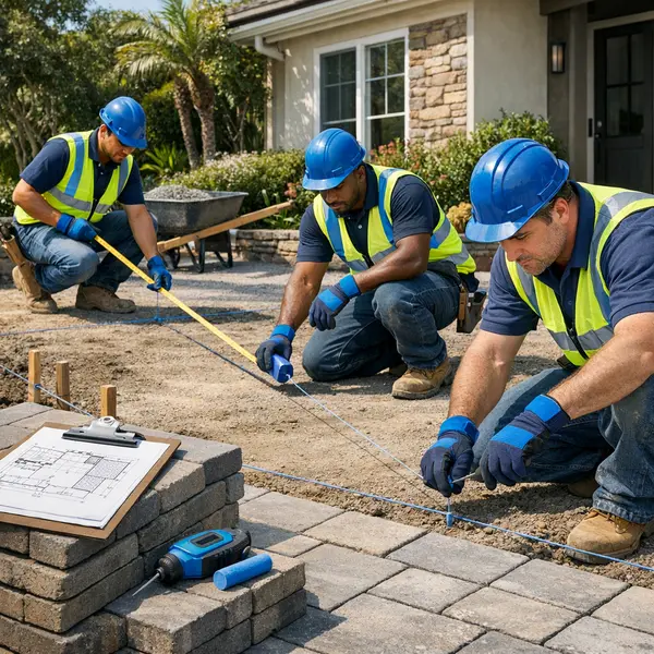 Alvapareen Construction crew measuring and preparing a stamp concrete & pavers project in Sherman Oaks.