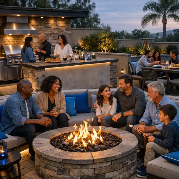 Professionally built outdoor kitchen, BBQ, and fire pit in a comfortable Sherman Oaks backyard gathering.