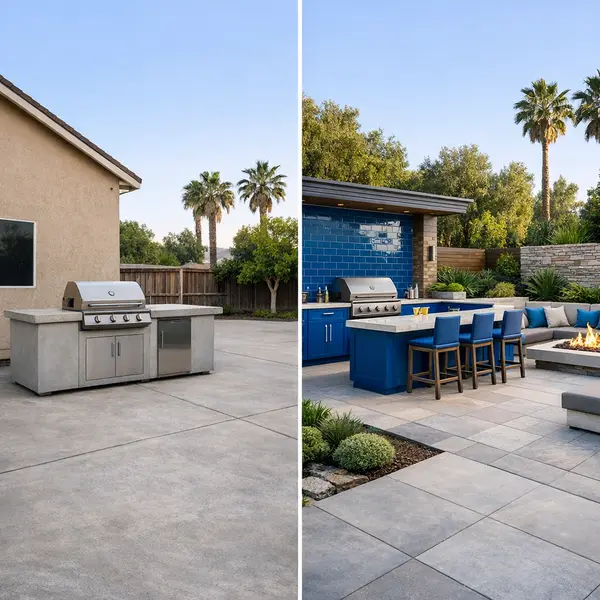 Side-by-side comparison of custom and prefab outdoor kitchen, BBQ, and fire pit in a Sherman Oaks backyard.
