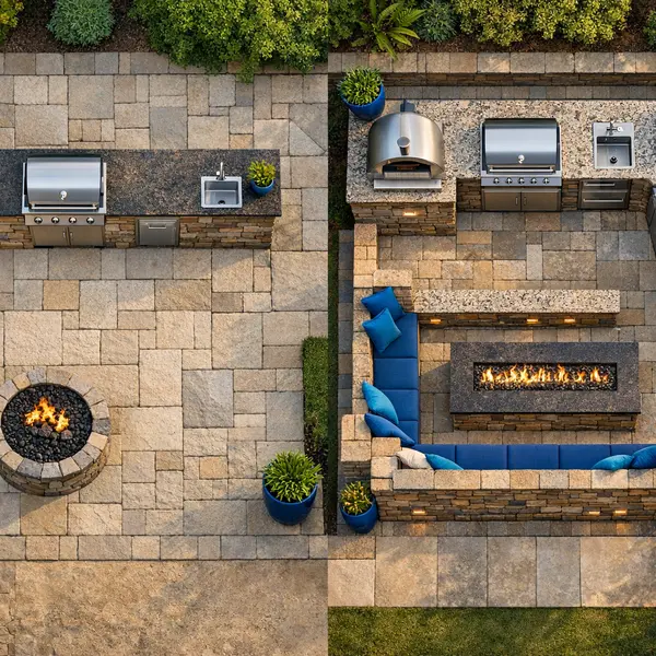 Overhead view comparing compact and feature-rich outdoor kitchen, BBQ & Fire Pit designs for Sherman Oaks homes