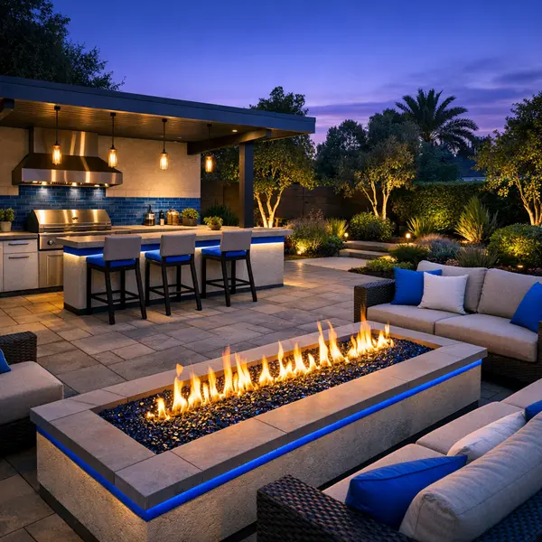 Modern outdoor kitchen, BBQ, and fire pit for a Sherman Oaks home at dusk with quality craftsmanship.